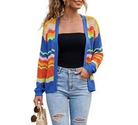 KIJSKKOPO Cárdigande Punto Abierto A Rayas Arcoíris para Mujer, Frente Abierto, Diseño Hueco Ondulado, Bloques Color, Manga Larga, Suéter Ganchillo Hueco, Ligero Y Cálido, Estilo Boho, Ideal pa