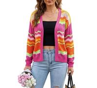 KIJSKKOPO Cárdigande Punto Abierto A Rayas Arcoíris para Mujer, Frente Abierto, Hueco, Ondulado, Bloques Color, Manga Larga, Suéter Ganchillo Hueco, Ligero Y Cálido, Ropa Abrigo Bohemia para Vac