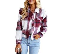 KIJSKKOPO Chaqueta Corta De Franela Cuadros para Mujer, Botones De Solapa Color Caqui, Cárdigan Rayas Cuadros En Contraste, Abrigo Otoño Invierno, Tops Casuales Transición Cálidos con Bolsi