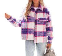 KIJSKKOPO Chaqueta De Franela Gruesa Cuadros para Mujer, Cárdigan De Cuadros Extragrande con Botones De Solapa En Azul Y Morado, Abrigo Corto para Otoño E Invierno, Chaqueta De Lana Holgada Infor
