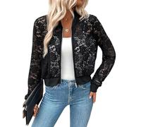 KIJSKKOPO Chaqueta Fina Mujer Verano,Chaqueta Bomber De Encaje para Mujer, Negra, Manga Larga, Transparente, con Encaje De Flores Rosas Y Cremallera, Chaqueta Corta De Verano, Corte Entallado, Tops