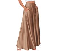 KIJSKKOPO Falda Larga De Satén De Talle Alto para Mujer, con Cintura Elástica En La Parte Trasera, Falda Fluida De Corte A Plisada con Bolsillos, Ideal para Citas, Salidas Nocturnas, Ocasiones Inf