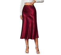 KIJSKKOPO Falda Midi De Satén Sedoso De Talle Alto para Mujer, Color Liso, Cremallera Lateral, Corte En A, Falda Elegante Y Fluida con Cola De Pez para Invitada A Boda, Cóctel, Cita Nocturna, Rojo