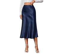 KIJSKKOPO Falda Midi De Satén Sedoso De Talle Alto para Mujer, Color Liso, Cremallera Lateral, Corte En A, Falda Elegante Y Fluida con Cola De Pez para Invitada A Boda, Cóctel, Cita Nocturna, Azul