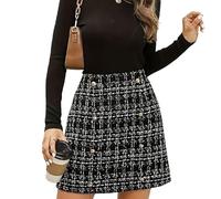 KIJSKKOPO Minifalda Tweed para Mujer, Negra A Cuadros, Talle Alto, Corte En A, Ajustada, Estilo Lápiz, Ideal para Otoño E Invierno. Falda Elegante Oficina con Botones Simulados, Color Negro, Talla