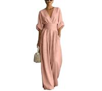 KIJSKKOPO Mono de Verano para Mujer, Manga 3/4 Enrollada, Escote En V Cruzado, Cintura Imperio Fruncida, Mono Formal de Negocios, Pierna Ancha Larga, Estilo Palazzo con Bolsillos para Vacaciones Cas