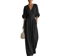 KIJSKKOPO Mono de Verano para Mujer, Manga 3/4 Enrollada, Escote En V Cruzado, Cintura Imperio Fruncida, Mono Formal de Negocios, Pierna Ancha Larga, Estilo Palazzo con Bolsillos para Vacaciones Cas