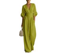 KIJSKKOPO Mono de Verano para Mujer, Manga 3/4 Enrollada, Escote En V Cruzado, Cintura Imperio Fruncida, Mono Formal de Negocios, Pierna Ancha Larga, Estilo Palazzo con Bolsillos, Ideal para Vacacio
