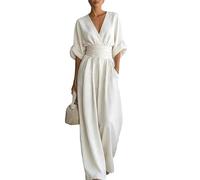 KIJSKKOPO Mono de Verano para Mujer, Manga 3/4 Enrollada, Escote En V Cruzado, Cintura Imperio Fruncida, Mono Formal de Negocios, Pierna Ancha Larga, Estilo Palazzo con Bolsillos para Vacaciones Cas