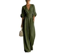 KIJSKKOPO Mono de Verano para Mujer, Manga 3/4 Enrollada, Escote En V Cruzado, Cintura Imperio Fruncida, Mono Formal de Negocios, Pierna Ancha Larga, Estilo Palazzo con Bolsillos para Vacaciones Cas