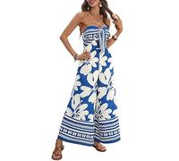 KIJSKKOPO Mono Sin Tirantes para Mujer con Estampado Floral Tropical, Top Bohemio, Pierna Ancha, Espalda Fruncida, Estilo Casual de Verano, Sin Mangas, Ideal para Viajes, Fiestas, Vacaciones En La P