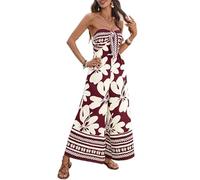 KIJSKKOPO Mono Sin Tirantes para Mujer con Estampado Floral Tropical, Top Bohemio, Pierna Ancha, Espalda Fruncida, Estilo Casual de Verano, Sin Mangas, Ideal para Viajes, Fiestas, Vacaciones En La P