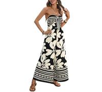 KIJSKKOPO Mono Sin Tirantes para Mujer con Estampado Floral Tropical, Top Bohemio, Pierna Ancha, Espalda Fruncida, Estilo Casual de Verano, Sin Mangas, Ideal para Viajes, Fiestas, Playa Y Vacaciones