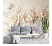 KIJSKKOPO Mural de Pared de Seda 70 Cm Largo X 100 Cm Ancho, Papel Tapiz con Relieve Floral Peonía Color Crema En 3D, Arte Pared Grande Personalizado para Sala Estar, Dormitorio, Decoración Del Ho