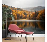 KIJSKKOPO Mural De Pared Seda Con Diseño Bosque Otoñal Junto Al Lago, 315X450Cm, Papel Tapiz Con Estampado Árbol Dorado Otoñal, Fondo Decorativo Con Estampado Paisaje Montaña Y Lago Para Sala E