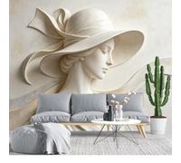 KIJSKKOPO Mural de Pared Tela Seda 256X350Cm, Papel Tapiz Con Relieve Escultura Dama Con Lazo Y Sombrero Ala Ancha En 3D, Arte de Pared Grande Personalizado para Sala Estar, Dormitorio, Decoración