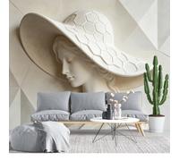 KIJSKKOPO Mural de Pared Tela Seda 315X450Cm, Efecto 3D, Busto Dama Clásica Con Sombrero Geométrico Ala Ancha, Papel Tapiz Fotográfico, Arte de Pared Grande Personalizado para Sala Estar, Dormito