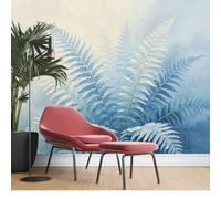KIJSKKOPO Papel Pintado Fotográfico Botánico Tela Seda para Pared, 256 X 350 cm, Pintura Al Óleo, Lámina Artística Hojas Helecho Azul, Decoración Follaje Natural Brumoso para Sala Estar, Dormi