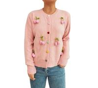 KIJSKKOPO Suéter Punto De Crochet con Flores De Tulipán para Mujer, Blanco, Manga Larga, Cuello Redondo, Botones, Abrigo Punto Acanalado, Otoño Invierno, Elegante, Ajustado, Cálido, Chaqueta Kni
