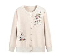 KIJSKKOPO Suéteres Punto Tipo Cárdigan para Personas De Mediana Edad Y Mayores, Color Beige, Manga Larga, Cuello Redondo, Botones, Bordado Floral, Chaqueta Knit para Anciana, Abuela, Delgada, Eleg