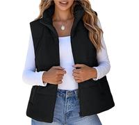 KIKBAX Corduroy Puffer Vest Women, Stand Collar Corduroy Coat with Pockets, Cropped Puffer Jacket Vest Winter Sleeveless Warm Lightweight(Black,L)
