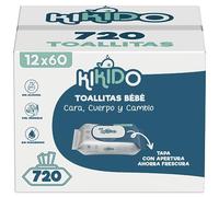 Kikido Toallitas Bebé Húmedas - 720 Unidades, 12 Paquetes de 60 Toallitas para Recién Nacidos - Con Tapa Dura de Plástico para Conservar la Frescura - Fórmula Suave para Pieles Sensibles