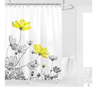 Kikiry Cortina de ducha amarilla y gris de 60 pulgadas de ancho x 72 pulgadas de largo, flores blancas y grises, margaritas, pintura de tinta floral, botánica, simple elegancia, cortinas de baño, tela
