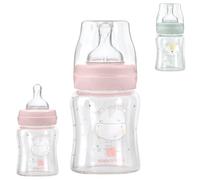 Kikkaboo Biberón de vidrio 120 ml cuello ancho, tetina de silicona talla S, tapa, color:rosa