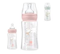 Kikkaboo Biberón de vidrio 240 ml cuello ancho, tapa, tetina de silicona Talla M, color:rosa