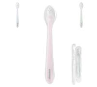 Kikkaboo Cuchara de Silicona para Bebé con Funda de Plástico Siliconado Suave, color:rosa