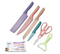 Kikumi 6 Piezas de Cuchillos de Acero Inoxidable Colocados con Recubrimiento de Chalecos de Cuchillo de Cocina para Todo Propósito con Tijera para Pelado (con 1.0 Caja de de grosor)