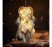 Kikuo Atrapasueños Niñas, Dream Catcher Corazón Hueco con Luces Led, Atrapasueños de Plumas Hecho a Mano, Atrapasueños Grande para Dormitorio Decoración de Boda Regalo Artesanal Colgante de Pared