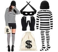 KIKVTER Disfraz de Ladrón de Bancos para Mujer, Disfraz de Ladrón, Disfraz de Cascanueces, con Sombrero, Camisa, Máscara, Guantes, Calcetines, Bolsa para Cosplay, Fiesta Temática