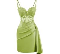 KIKYKUBBLETASW Vestidos cortos de fiesta con apliques de encaje for adolescentes, minivestido de cóctel de satén con lentejuelas(Sage Green,10)