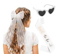 KILDOWS 3 Piezas Despedida de Soltera Accesorios, Bride to Be Sash Banda Futura Novia Blanca Velo Novia con Lazo Gafas de Sol en Forma de Corazón Decoración para Boda Fiesta Despedidas de Soltero