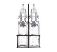 Kilner Juego de botellas de aceite y vinagre de 3 piezas, 2 botellas de cristal con capacidad de 0,3 l, incluye 2 vertedores de acero inoxidable, estructura de metal con asa, dispensador para aceite
