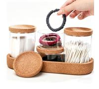 KILPDNZA Recipiente de cristal para bastoncillos de algodón con paletas de corcho, paletas de oído, juego de 4 dispensadores para almohadillas de algodón, palitos de hilo dental, gomas para el pelo y