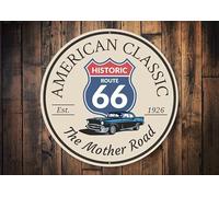 KILSPU Letrero redondo de metal redondo con texto en inglés "The Mother Road, American Classic, Route 66, Route Road, Ruta 66, Ruta 66 Road, decoración de señal de carretera, garaje de papás, cueva de