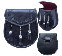 Kilt Sporran Semi vestido - Sporrans de cuero negro de primera calidad con cinturón de cadena y borlas, accesorio tradicional escocés hecho a mano para hombre, Black, 8.25 Inch X 7.5 Inch, Emblema de
