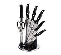 Kimbatex kitchen Set de Cuchillos de Cocina Profesional, 8 Piezas, Acero Inoxidable con Base Giratoria, Incluye Tijeras y Afilador (Modelo Negro con Remaches)