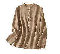 KIMCCI Blazer para mujer, chaqueta de lino y algodón, traje de verano, manga larga, cárdigan personalizado, sin cuello, casual, chaqueta para mujer, chaqueta ligera translúcida