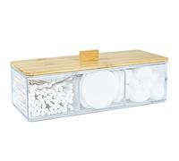 KIMCHOMERSE Dispensador de acrílico Qtip con tapa de madera, 3 compartimentos para bolas de algodón, organizador de baño para encimera y cajón