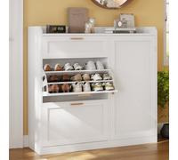 KIMENICH Armario para Zapatos con 2 Solapas, Zapatero Estrecho con 1 Cajón, Taquilla Lateral, Separador Ajustable, para 12-15 Pares de Zapatos, Pasillo, Entrada, 30 x 100 x 104 cm, Blanco