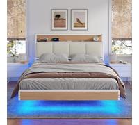 KIMENICH Cama 140 x 190 cm, con iluminación LED, Marco de Cama de Metal, Enchufes, Espacio de Almacenamiento, Efecto Visual Flotante, para Dormitorio, Blanco
