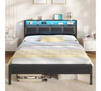 KIMENICH Cama 140x190 Cama con Iluminación LED Cama tapizada 140x190 Base de Carga Somier Cama con Somier para Dormitorio Habitación de Huéspedes, Negro