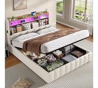KIMENICH Cama con iluminación LED, Cama Hidráulica de 140 x 190 cm, Camas Tapizada,Cabecero con Espacio de Almacenaje, Blanco