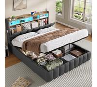 KIMENICH Cama con iluminación LED, Cama Hidráulica de 140 x 200 cm, Camas Tapizada,Cabecero con Espacio de Almacenaje, Gris