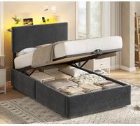 KIMENICH Cama con Somier 90x190cm con Sistema Hidráulico y Almacenamiento, Cama Canapé 90x190 con Cabecero Ajustable y LED Smart, Estación de Carga, Terciopelo a Rayas, Gris