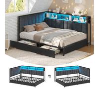 KIMENICH Cama tapizada sofá Cama 140 x 190 cm con iluminación LED, estación de Carga, cabecero Alto Acolchado, Cama de día Juvenil con 2 cajones y somier de láminas de Metal, estantes Abiertos, Gris