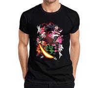 Kimetsu no Yaiba Tanjiro Nezuko Fire Blade Anime Regalo Manga Hombre Camiseta, Negro , L